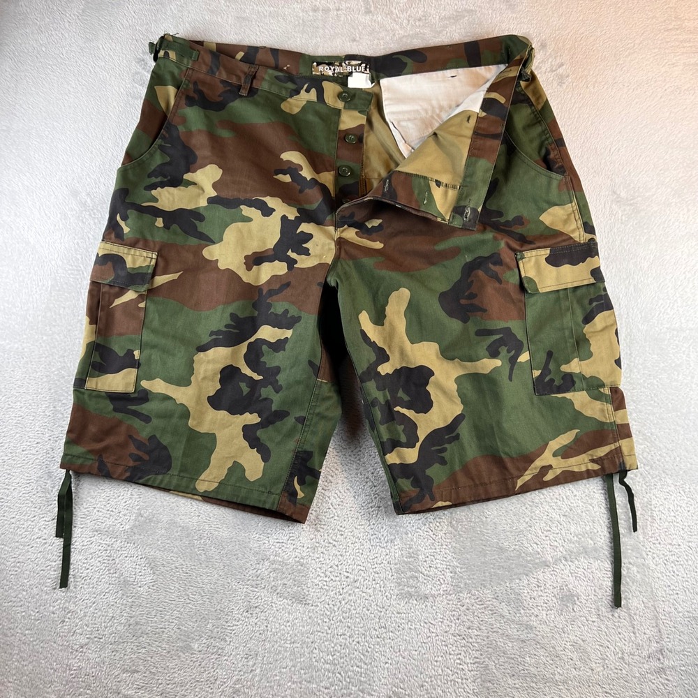 Y2K Royal Blue Mens Camo Cargo Shorts 6XL Woodland Button Fly Utility 48-52 READ